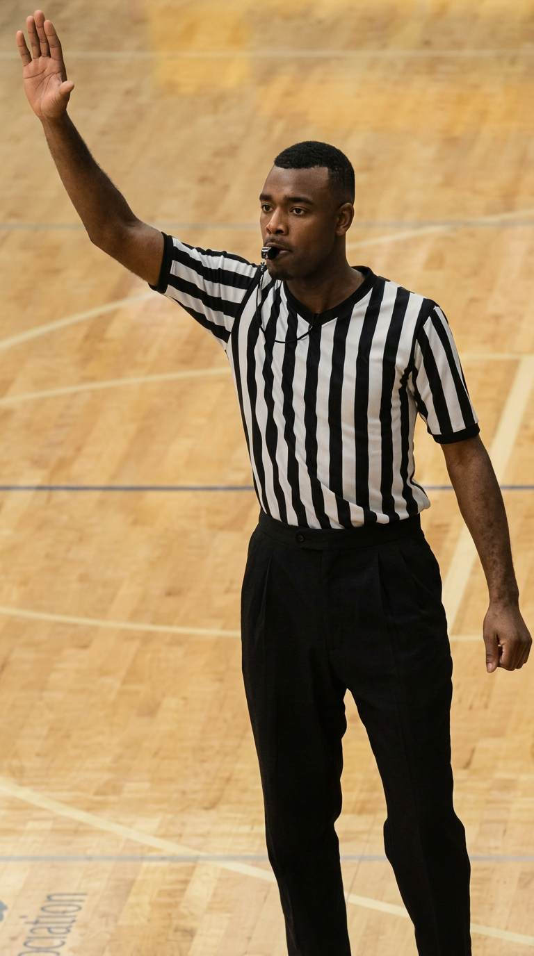 Young Black female referee blowing a whistle during a game