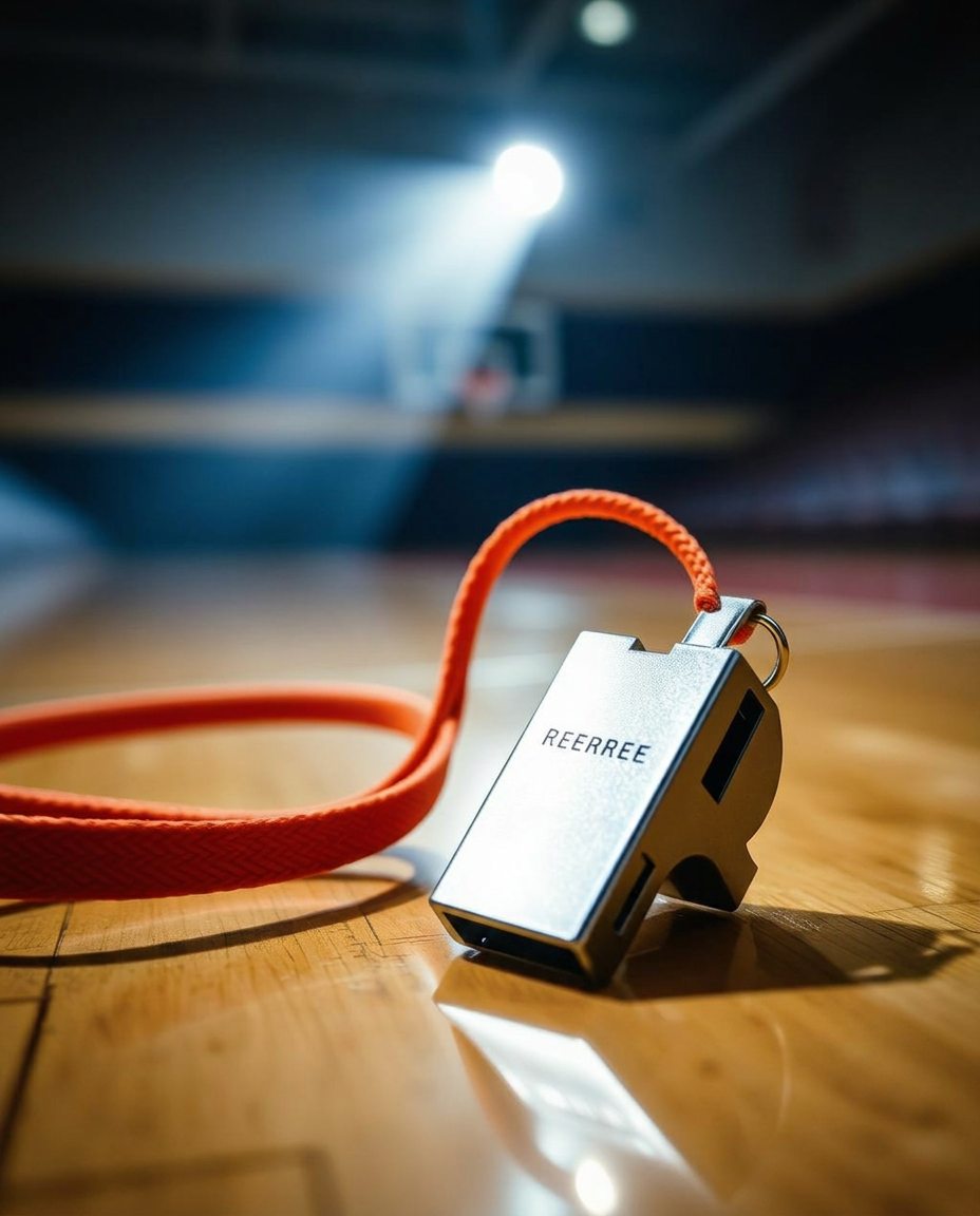 Referee whistle on orange lanyard resting on a gym floor